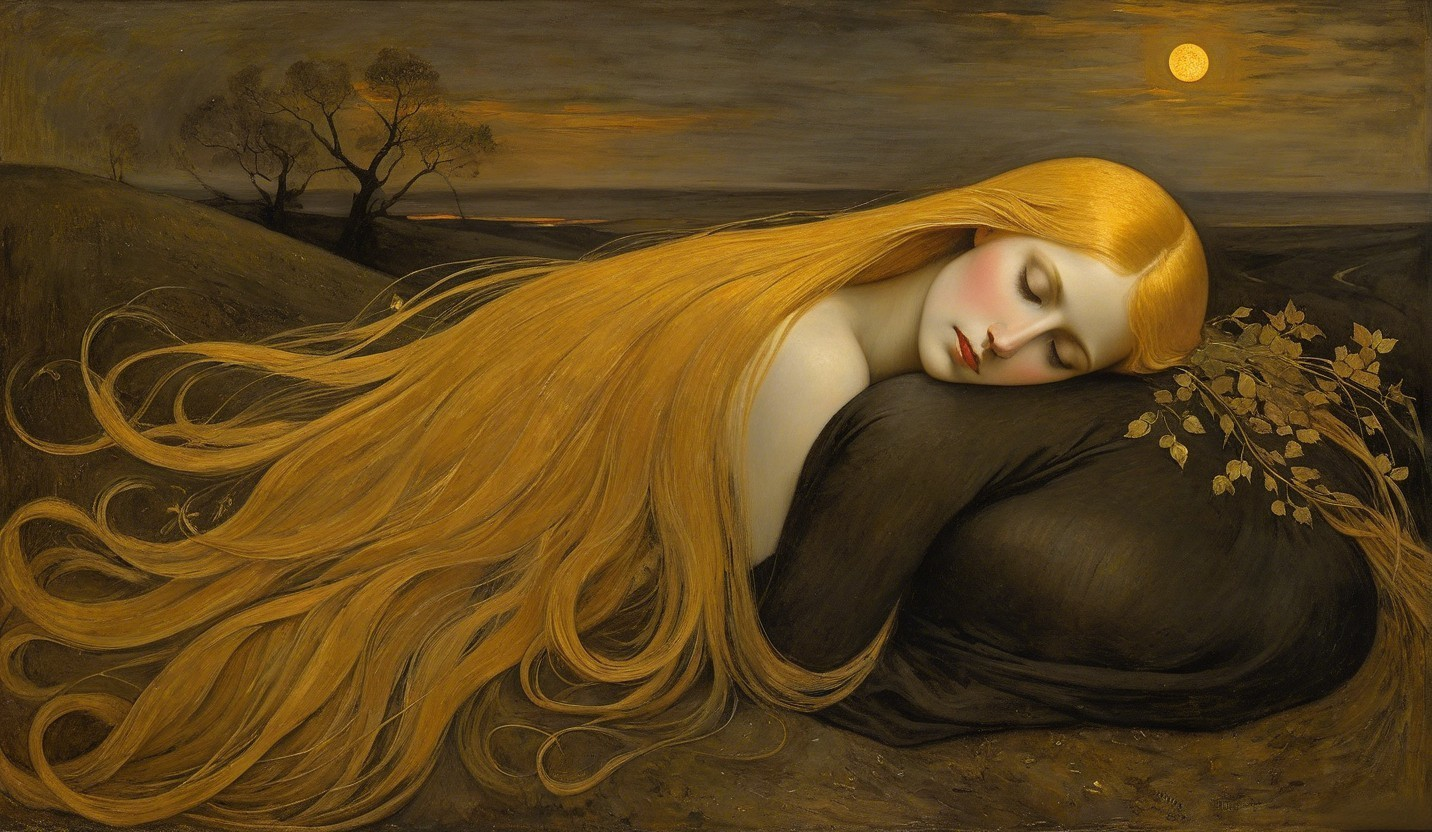 Serene Woman with Golden Hair in Twilight Landscape