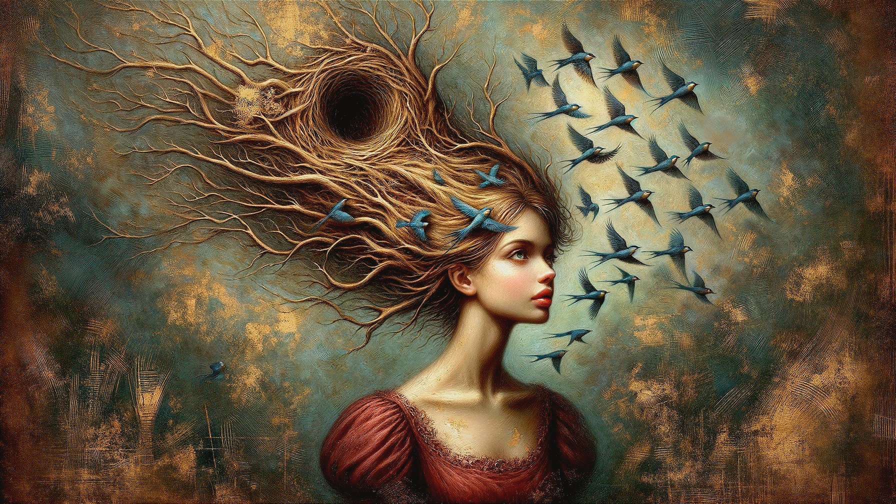 Surreal Portrait of Woman with Nature-Inspired Hair