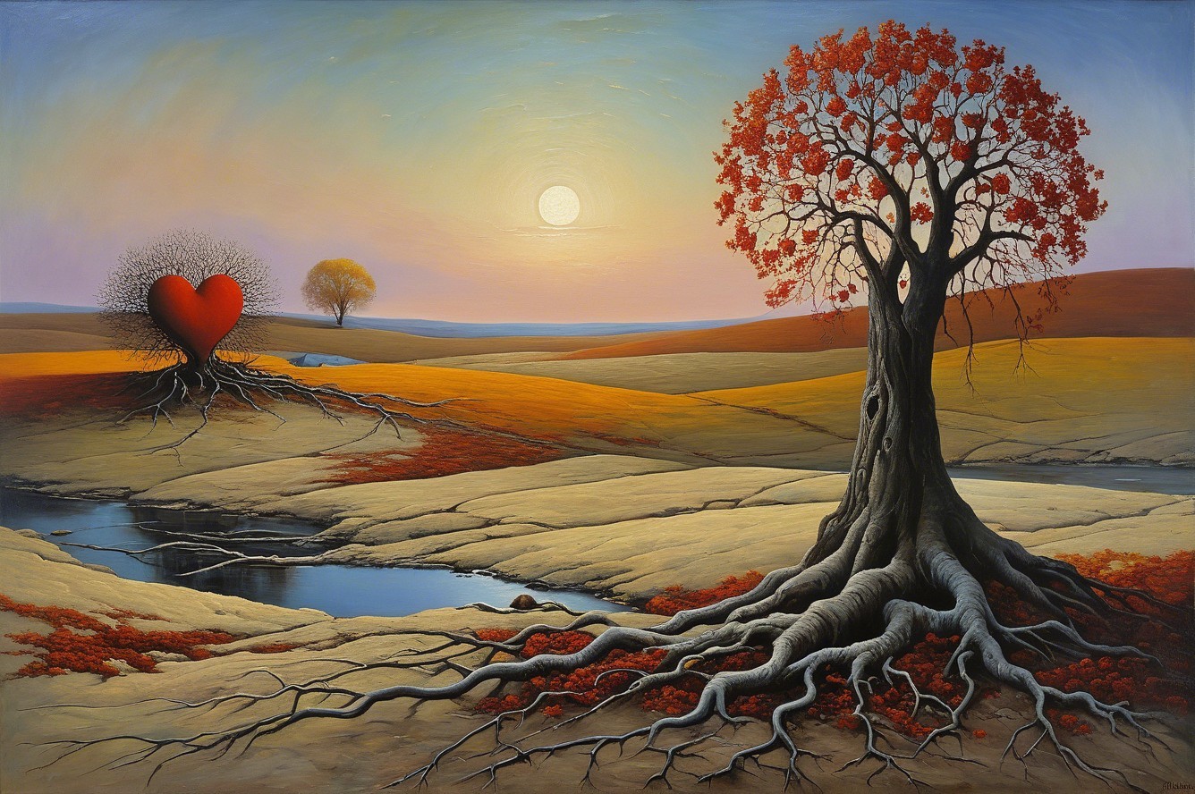 Surreal Landscape with Vibrant Sunset and Trees