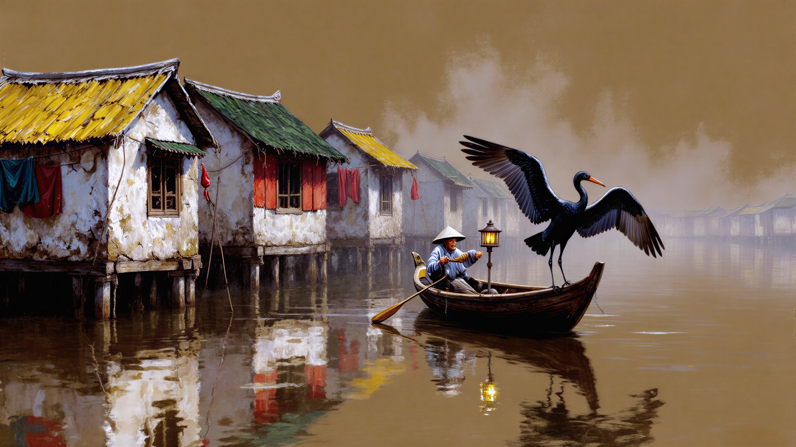 Solitary Boatman in Tranquil Rustic Village Scene