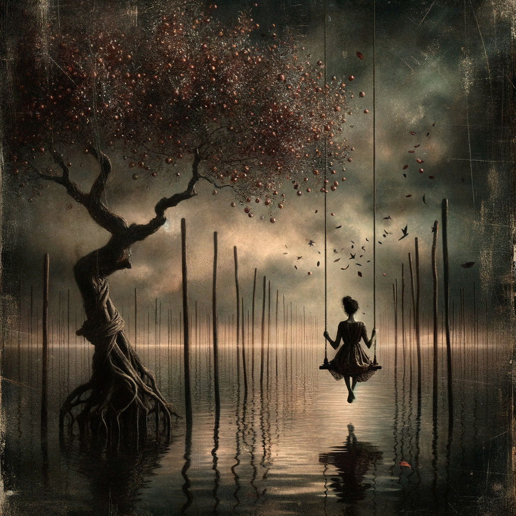 Serene Landscape with Girl on Swing Over Water