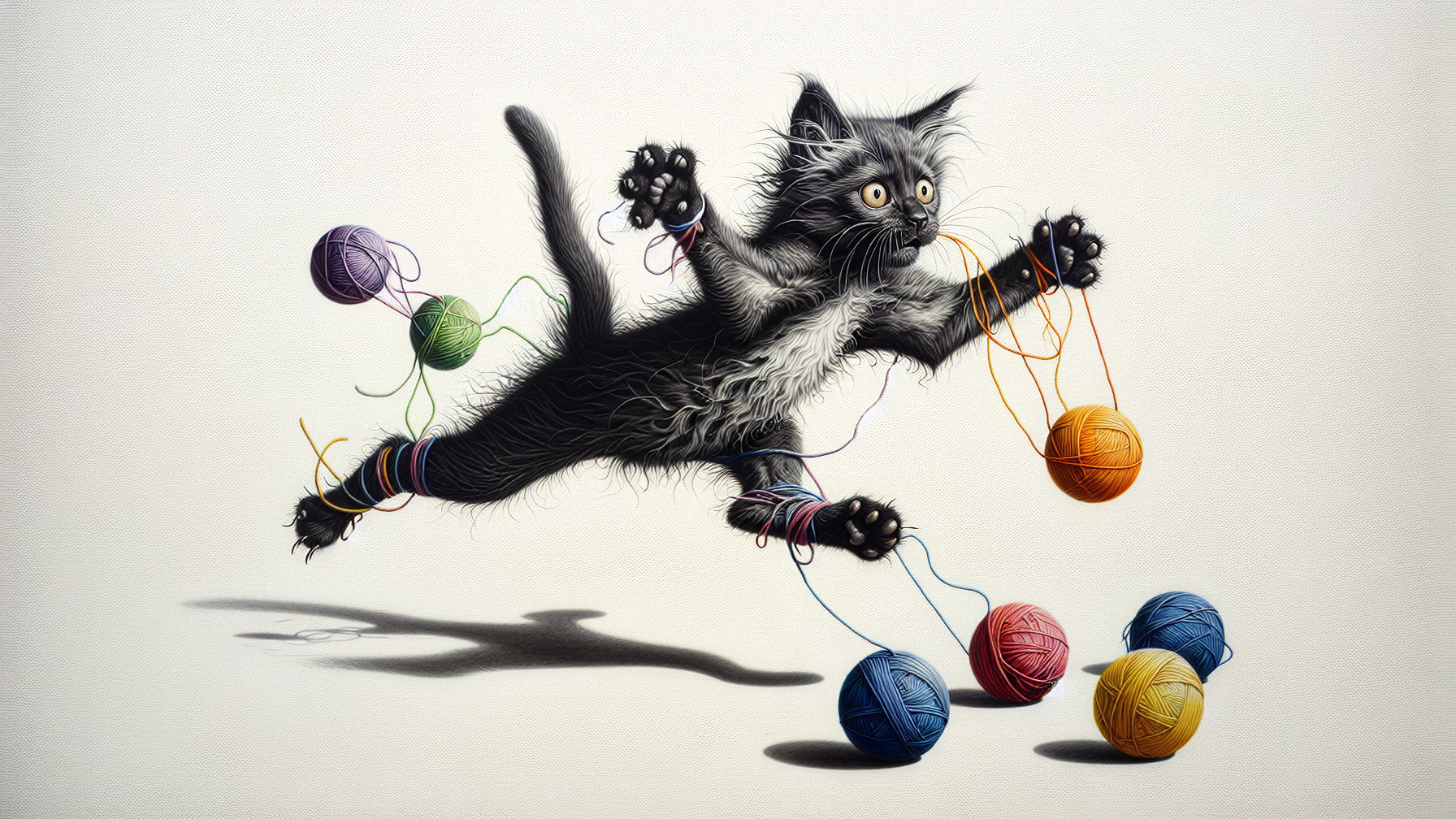 Fluffy Black Kitten Playing with Colorful Yarn