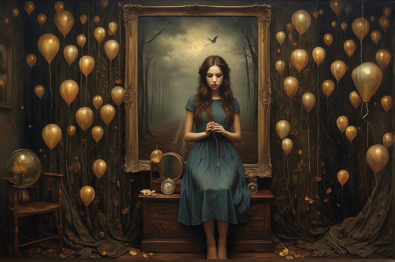 Young Woman in Blue Dress Surrounded by Ethereal Decor