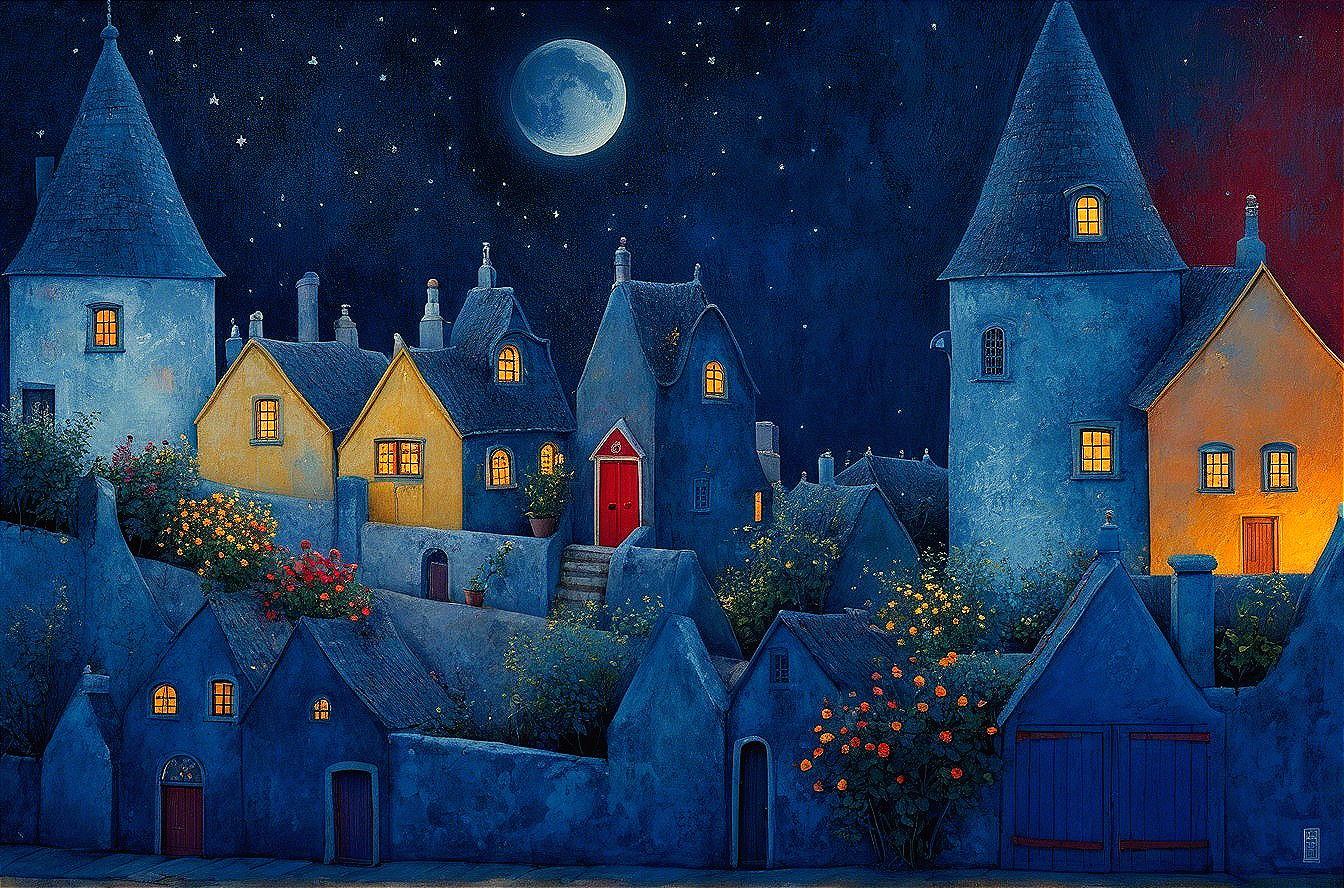 Nighttime Village with Charming Houses and Moonlight