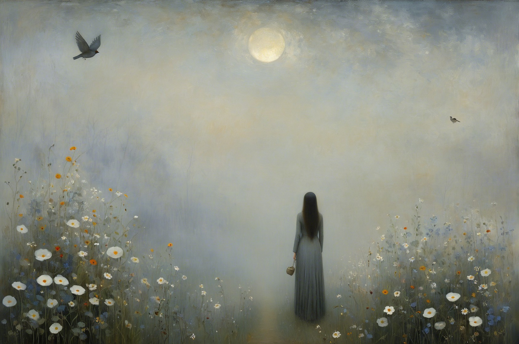 Lone Figure in Gray Dress Among Colorful Wildflowers