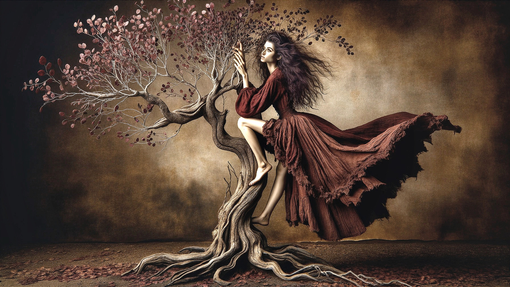 Ethereal Figure in Red Dress by Gnarled Tree