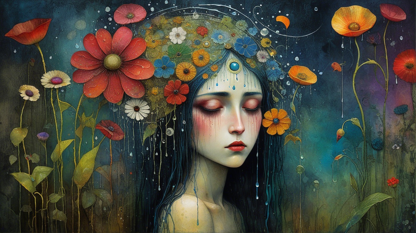 Surreal Portrait of Woman with Blue Hair and Flowers