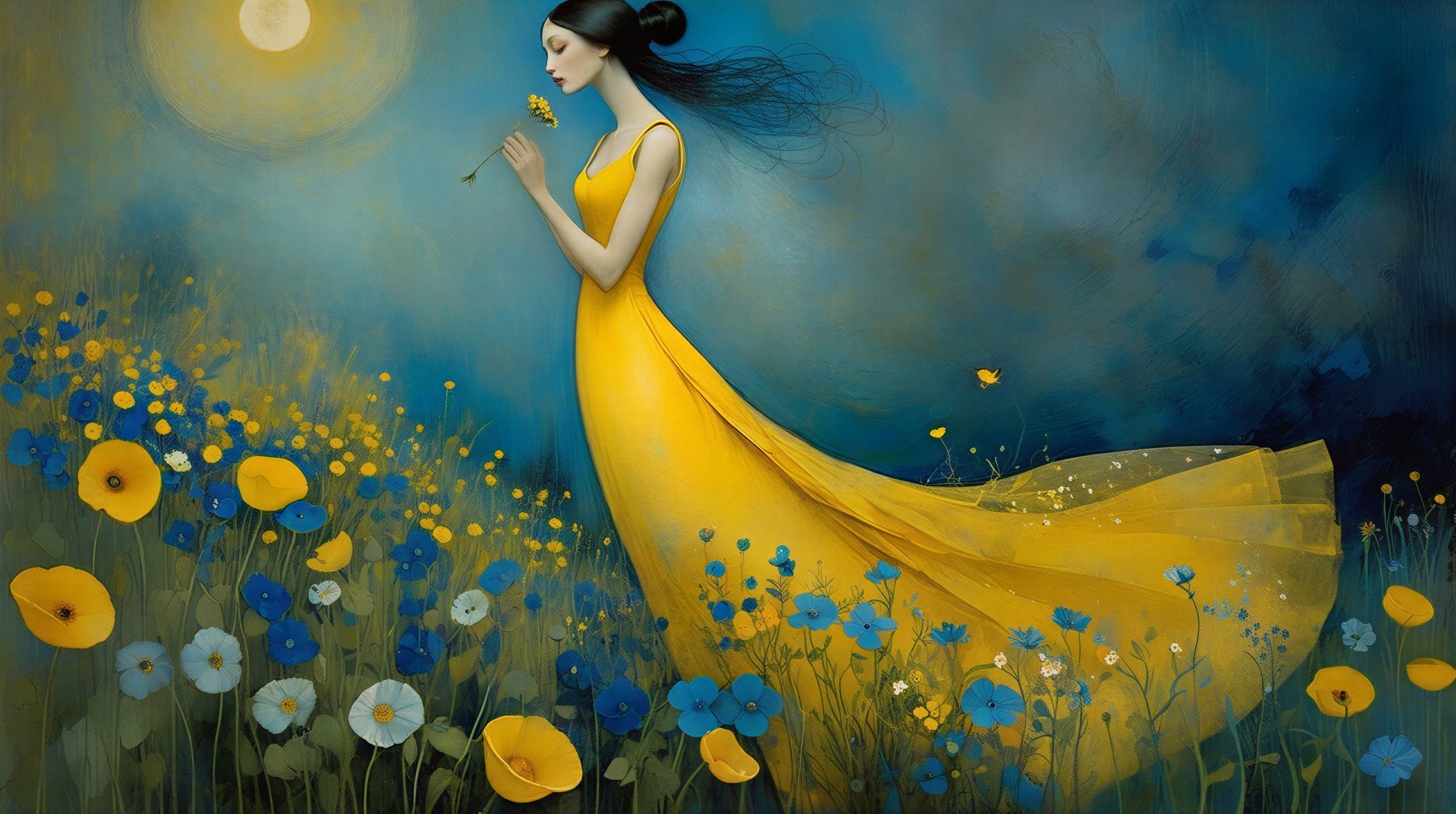 Young woman in yellow dress among blue and yellow flowers