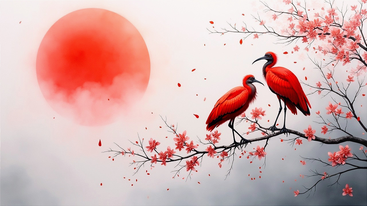 Serene Landscape with Red Birds and Cherry Blossoms