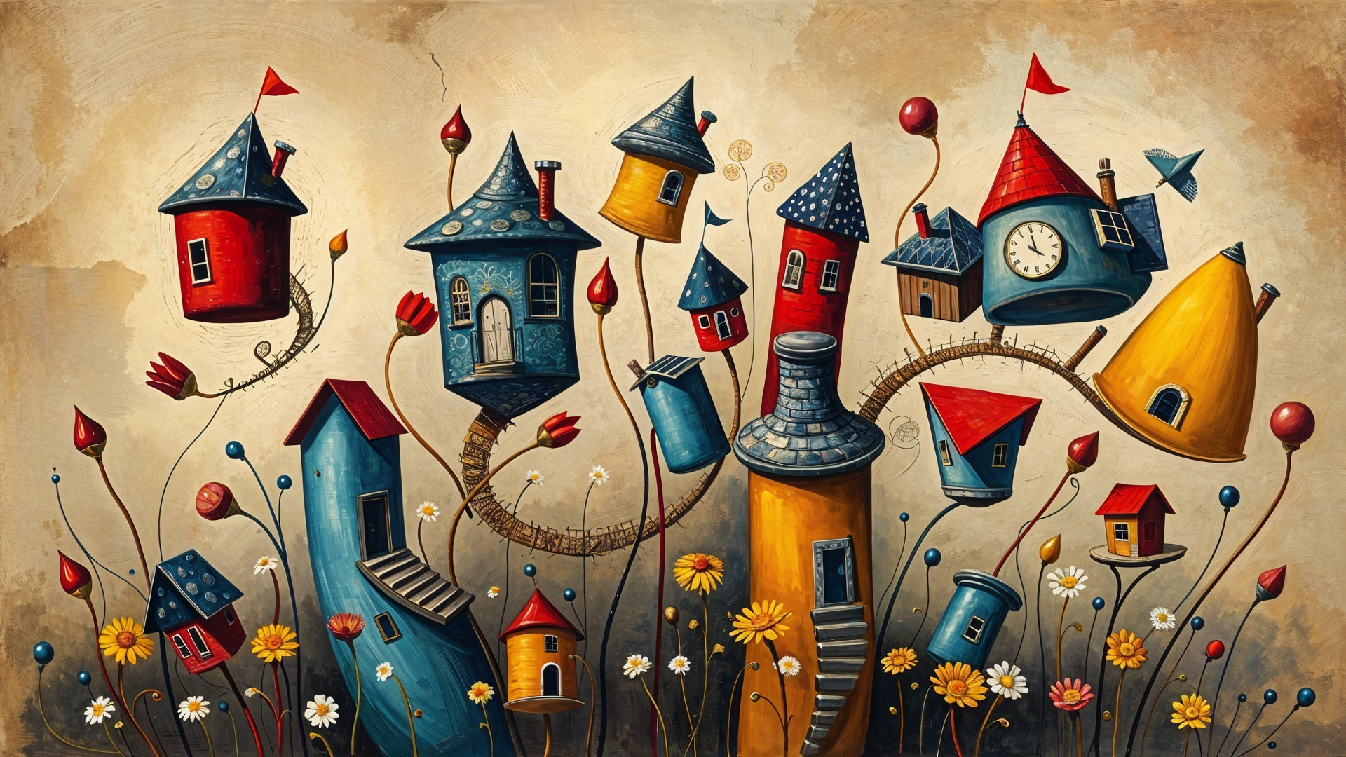 Whimsical Landscape with Oversized Colorful Houses