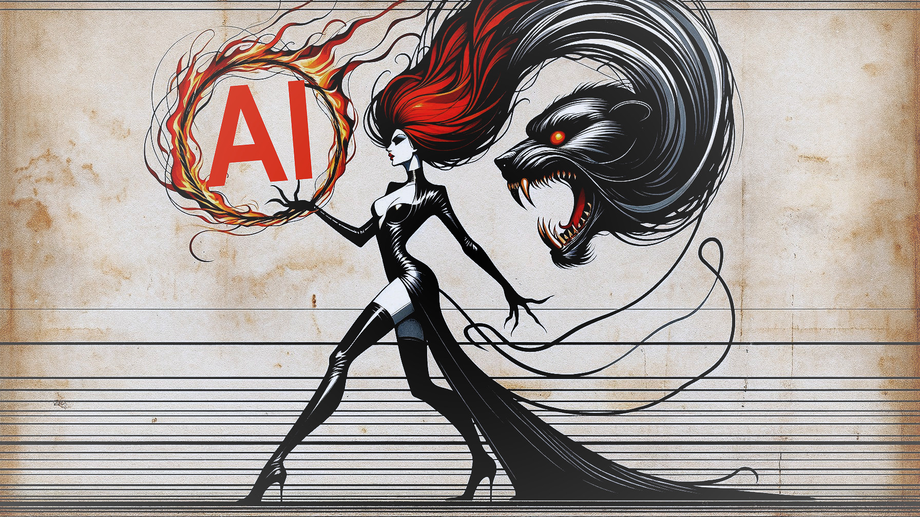 Female Figure with AI Symbol and Lion's Head Design