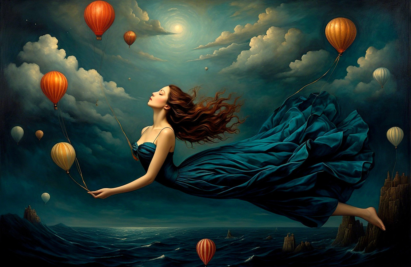 Serene Woman in Blue Dress Amidst Dreamlike Sky
