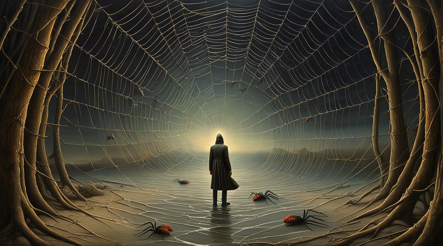 Figure in a Spider Web Surrounded by Trees and Light