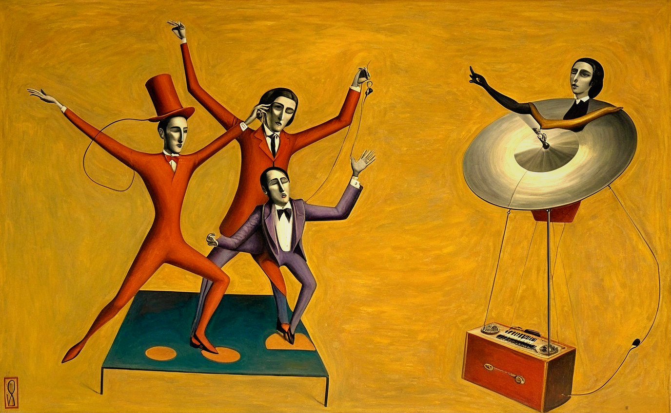 Whimsical Figures in Exaggerated Poses on Yellow Background