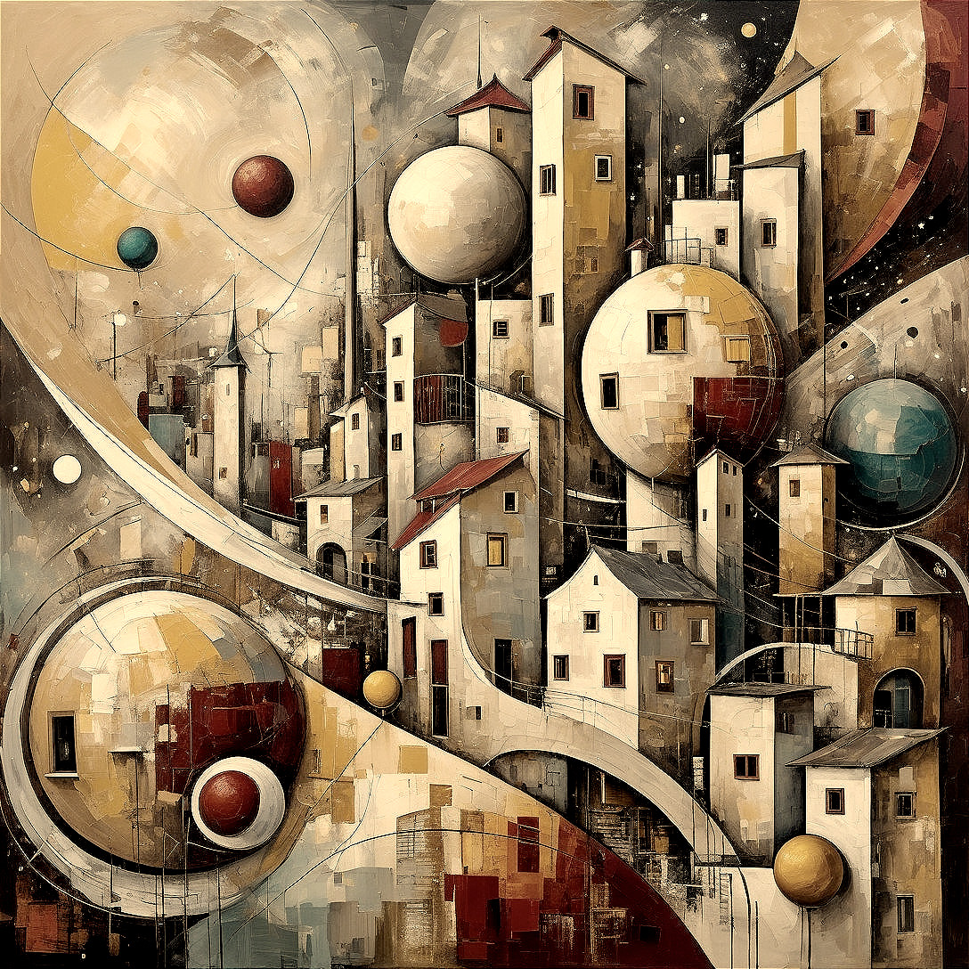 Abstract Cityscape with Geometric Shapes and Spheres