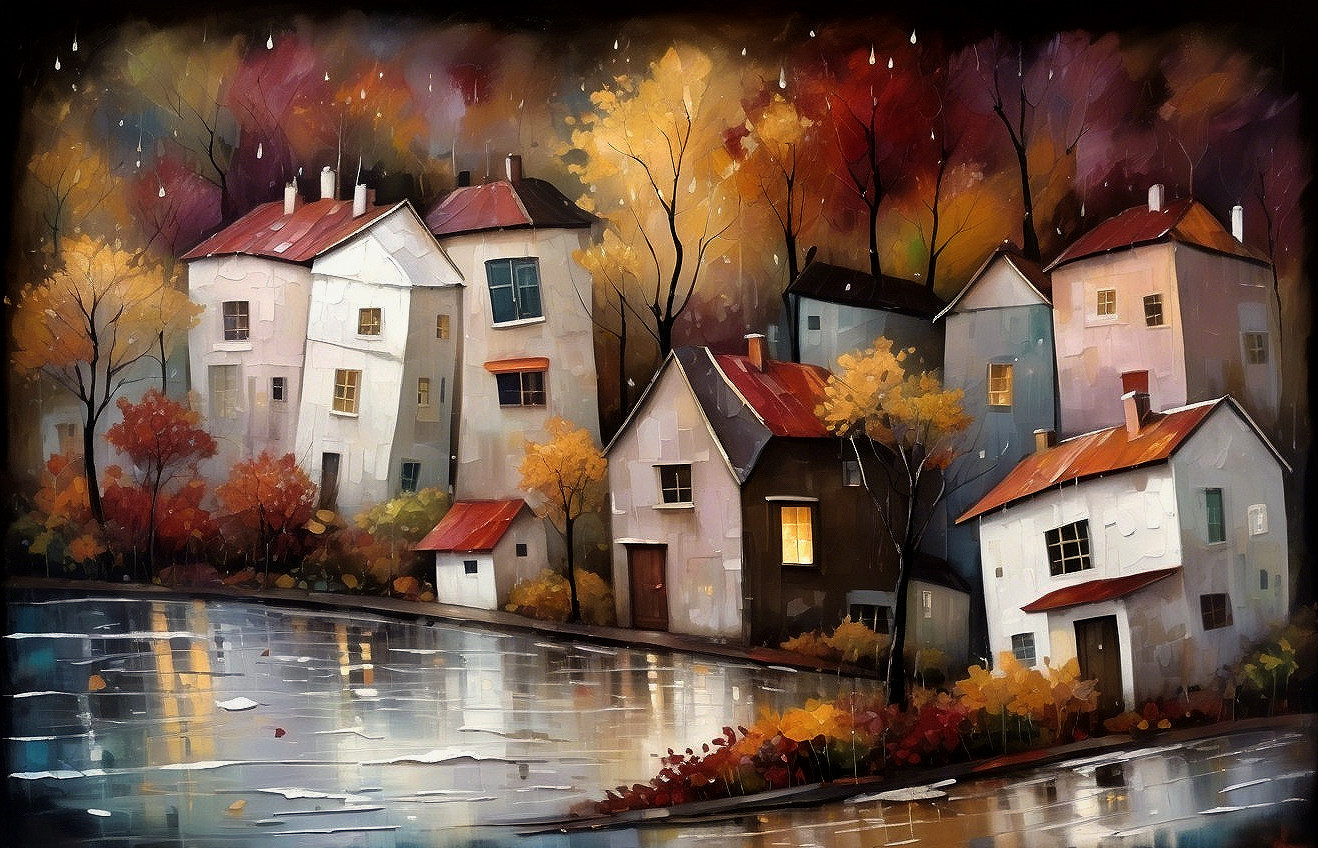 Whimsical Houses by Water Surrounded by Autumn Foliage