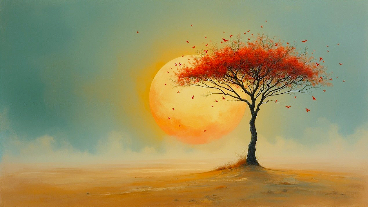 Solitary tree with red leaves in serene landscape