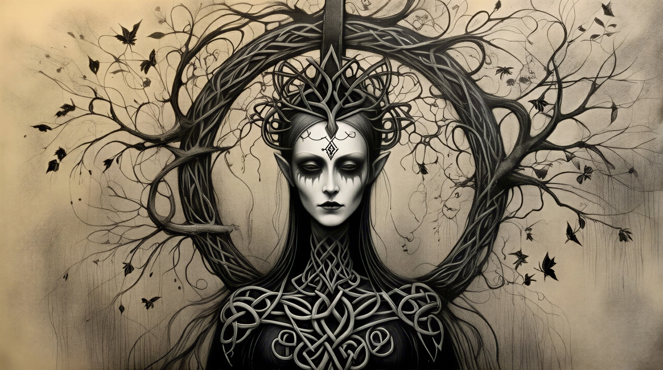Ethereal Figure Surrounded by Branches and Vines