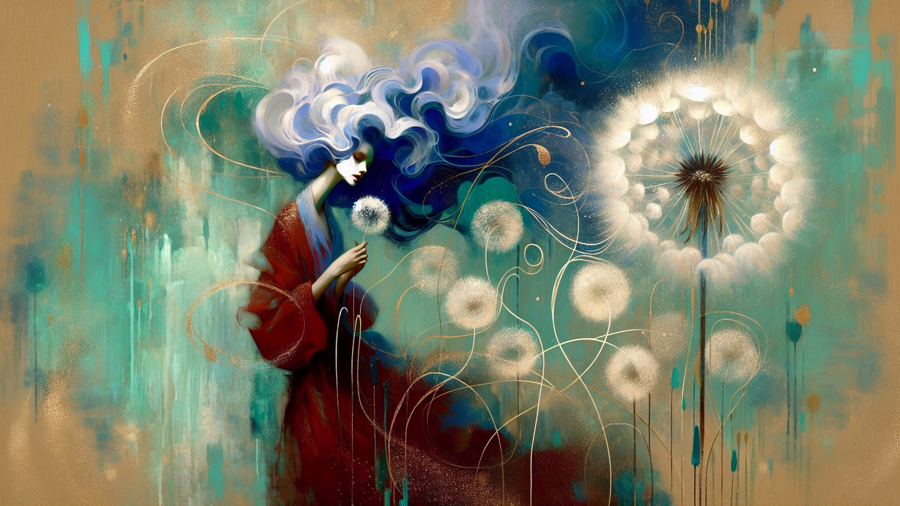 Dreamy figure with blue hair and dandelions in hand