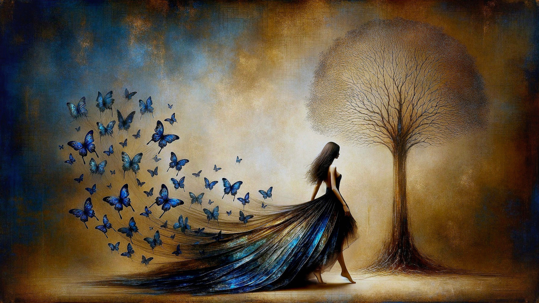 Silhouette of Woman with Butterflies and Tree Scene