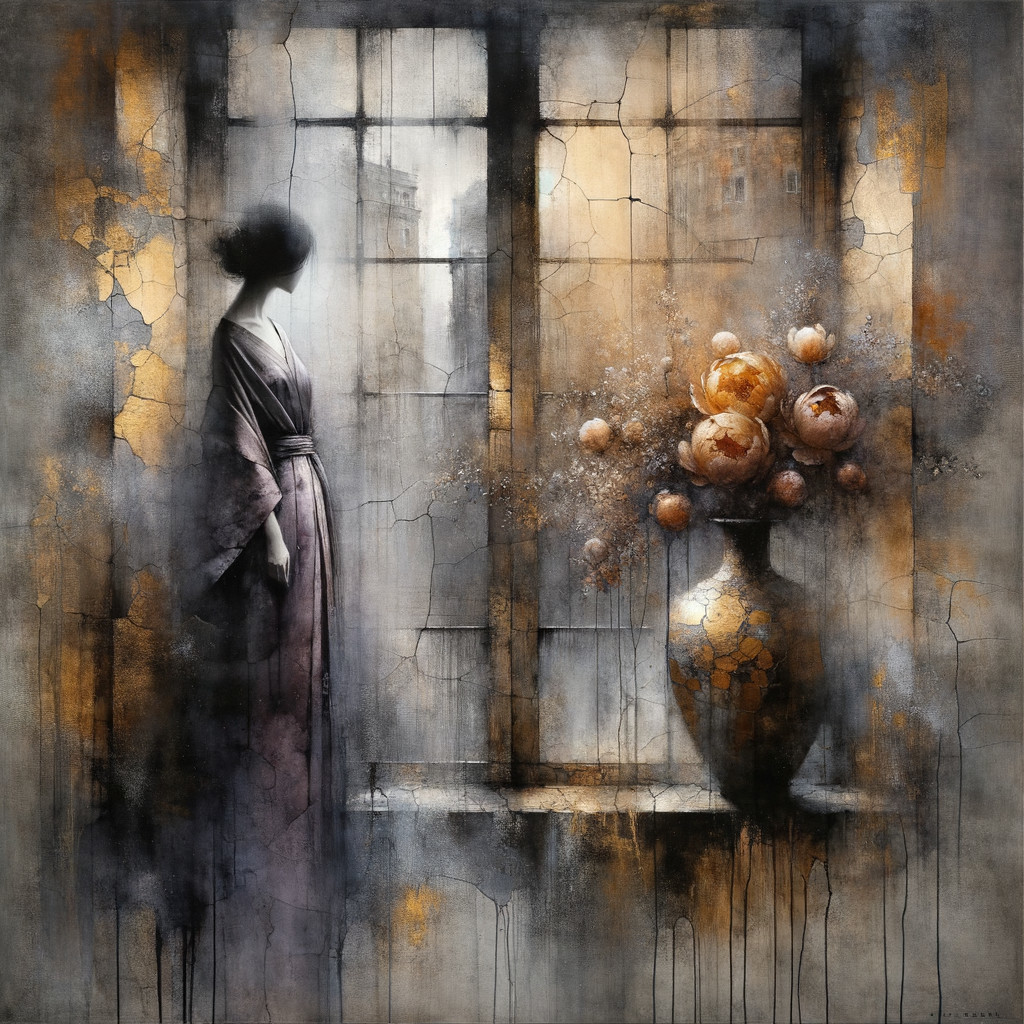 Woman in Robe by Cracked Window with Flowers