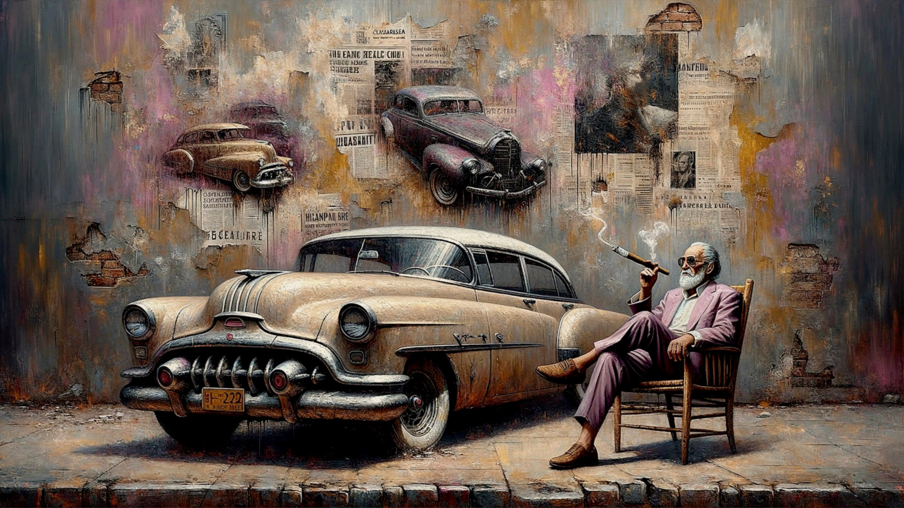 Elderly Man in Pink Suit with Vintage Car and Wall