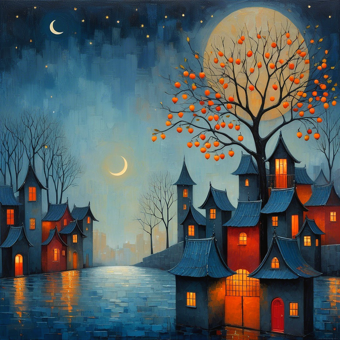 Whimsical Night Scene with Glowing Houses and Moon