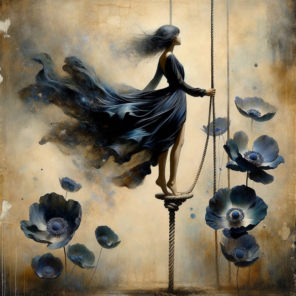 Woman in blue dress on rope with ethereal flowers