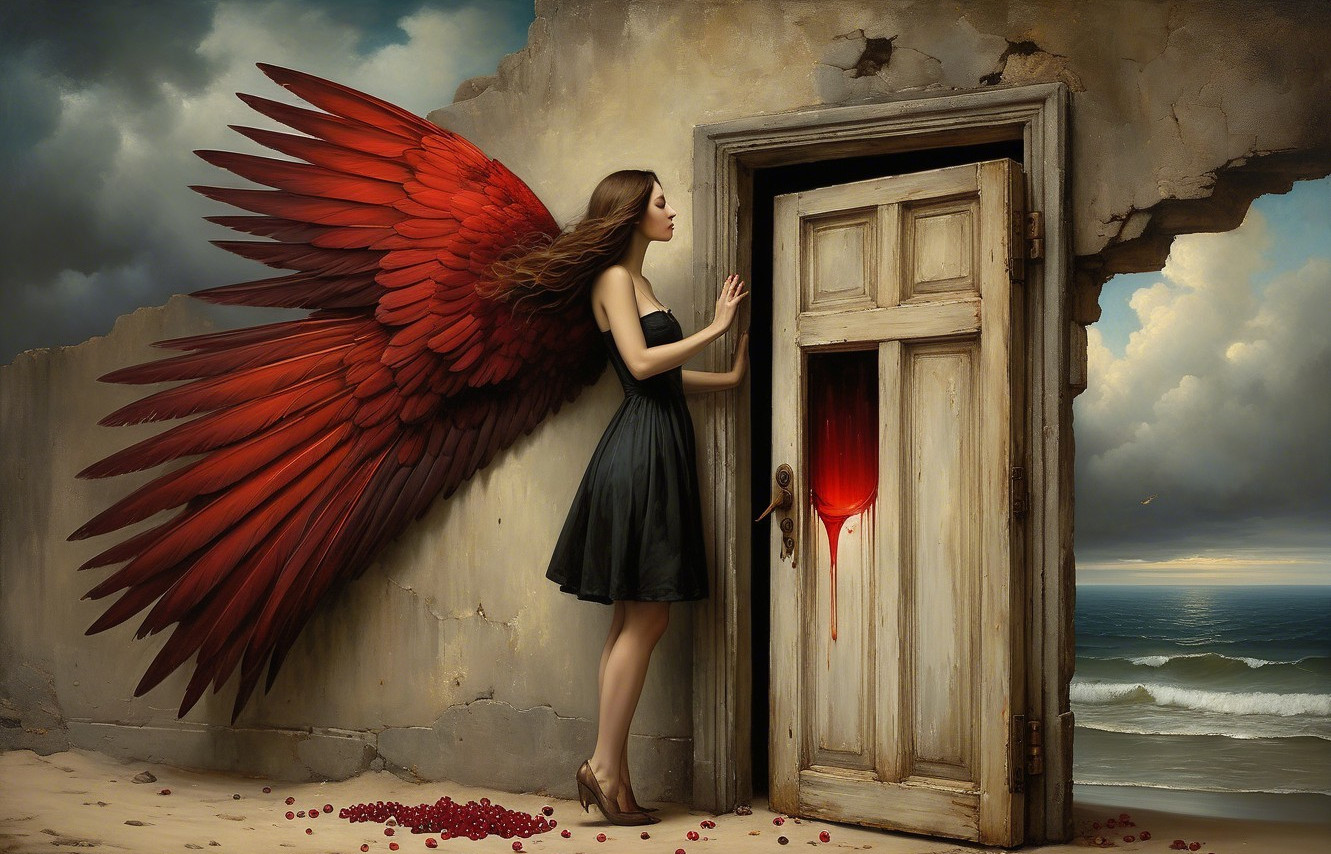 Woman with Red Wings by an Old Door in Surreal Setting
