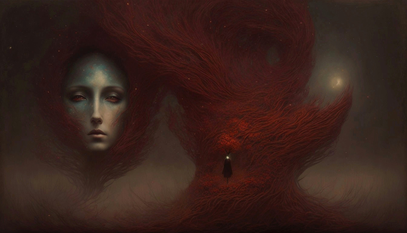 Surreal Landscape with Towering Red Tendril Figure