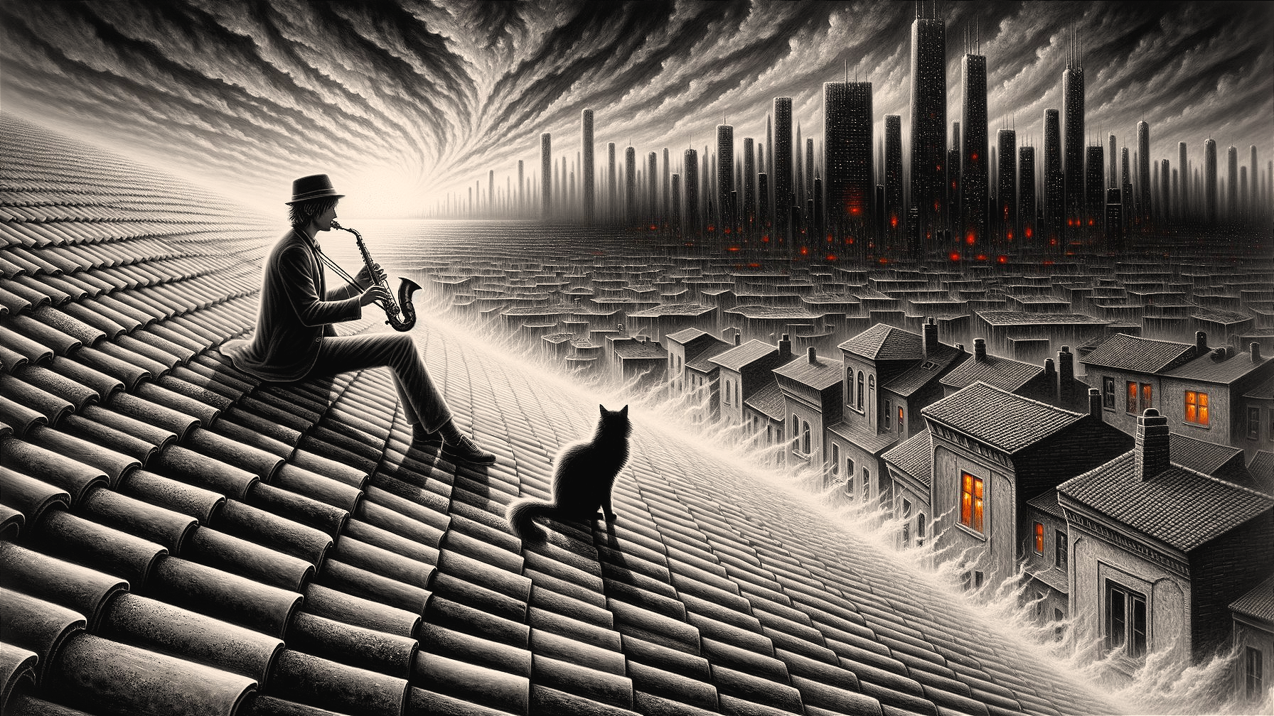 Saxophonist on Rooftop with Cat and Dark Cityscape