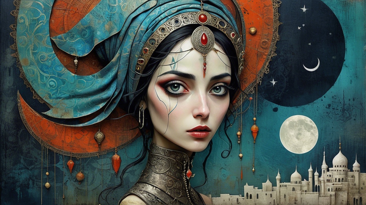 Portrait of a woman in turquoise headscarf and jewelry