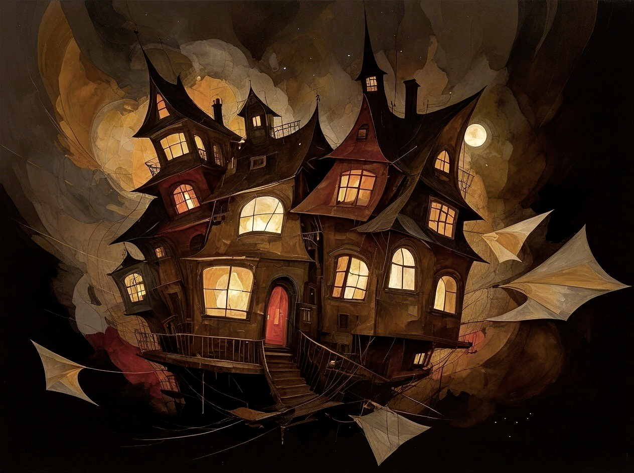 Floating Whimsical House in Night Sky with Kites