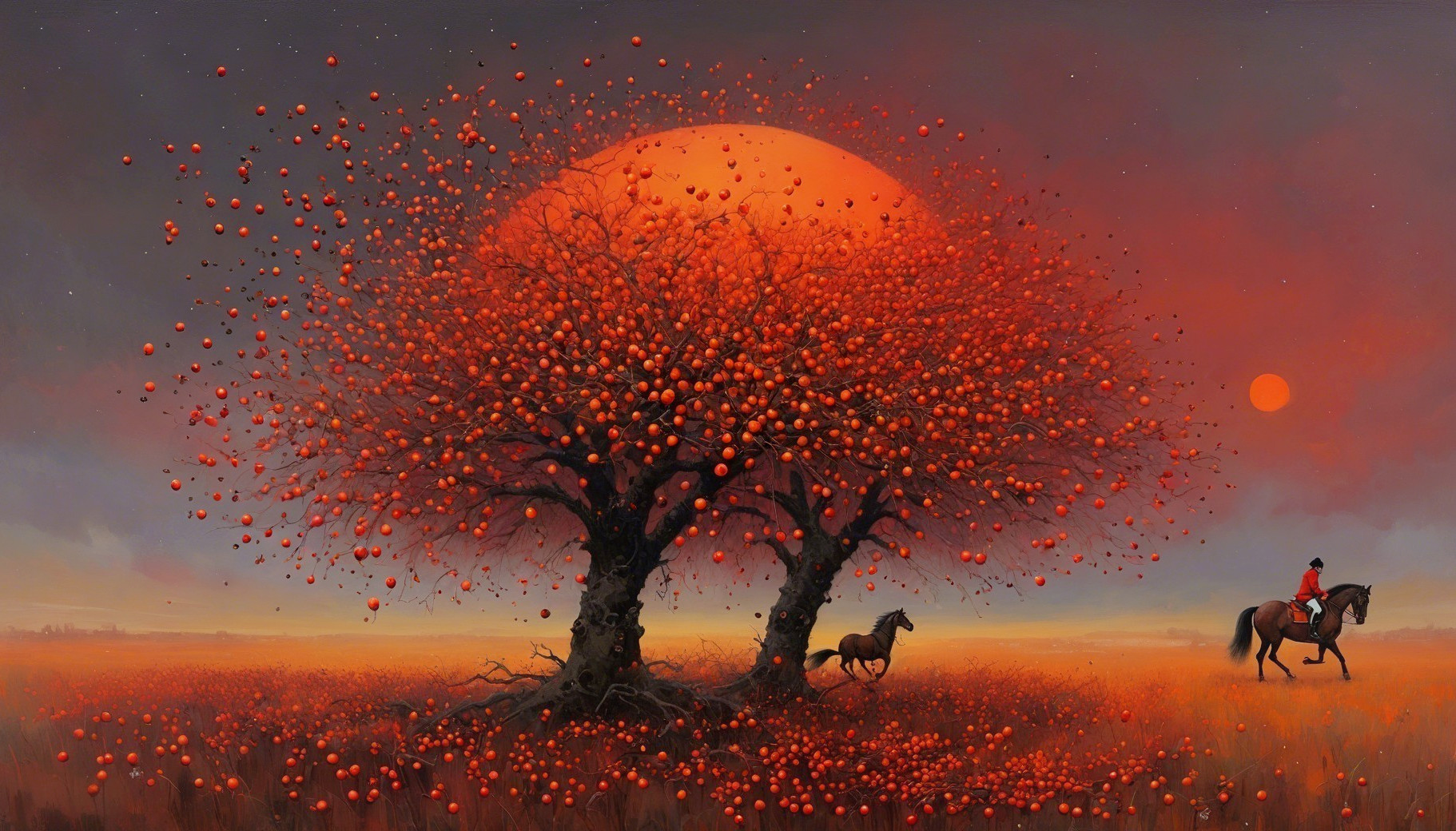 Surreal Landscape with Vibrant Trees and Sunset