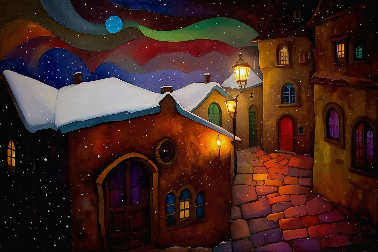 Whimsical Winter Village Scene at Night with Snow