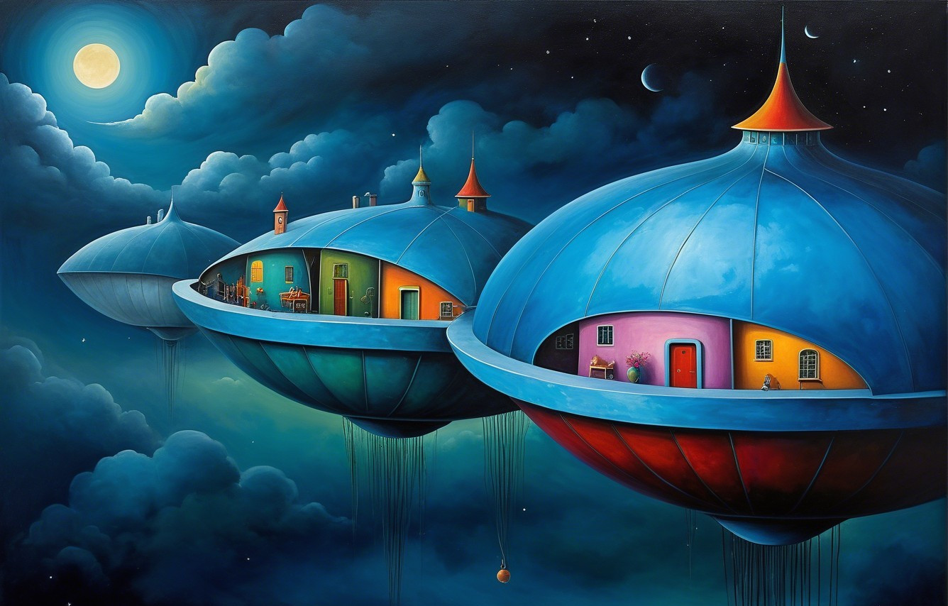 Surreal Floating Domes with Whimsical Interiors
