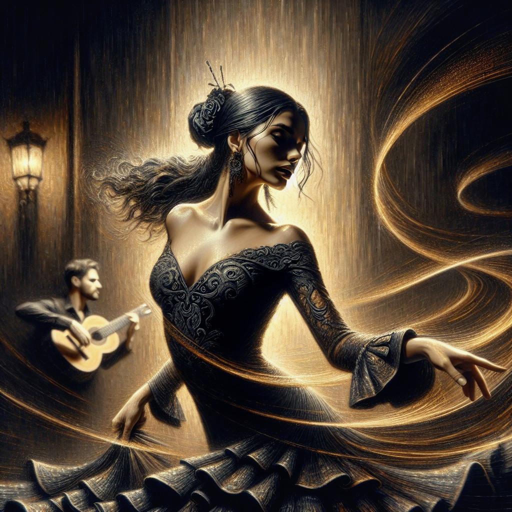 Flamenco Dancer in Elegant Black Gown with Guitarist