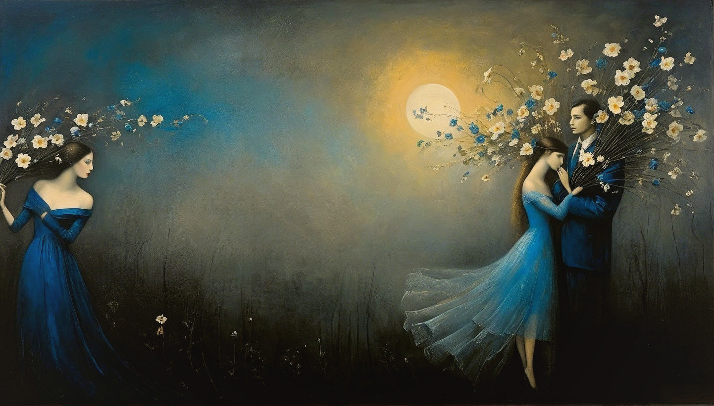 Three Figures in Twilight with Moonlit Background