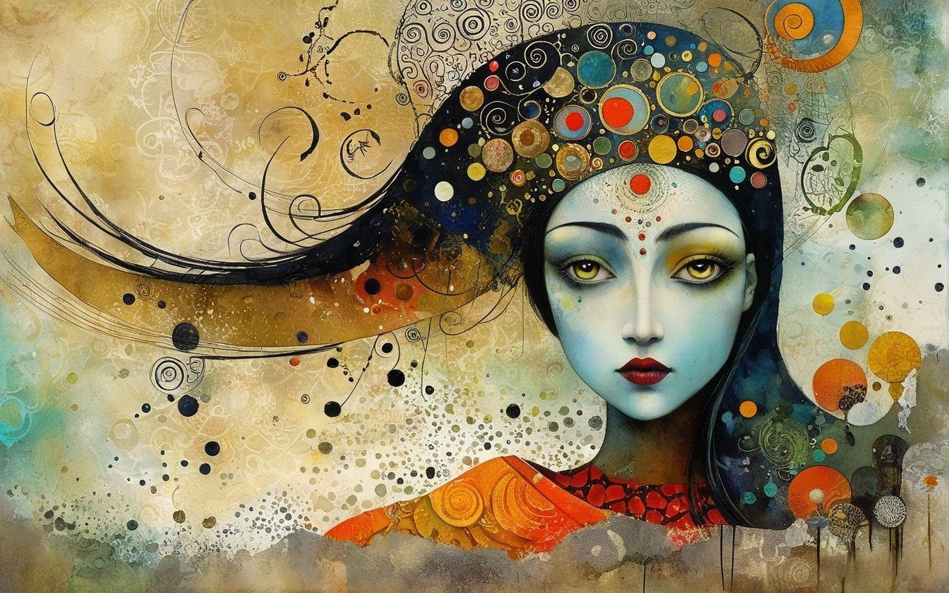 Stylized Portrait of a Serene Woman with Patterns