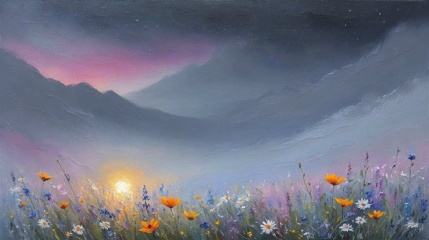 Pastel Sunset Over Wildflowers and Misty Mountains