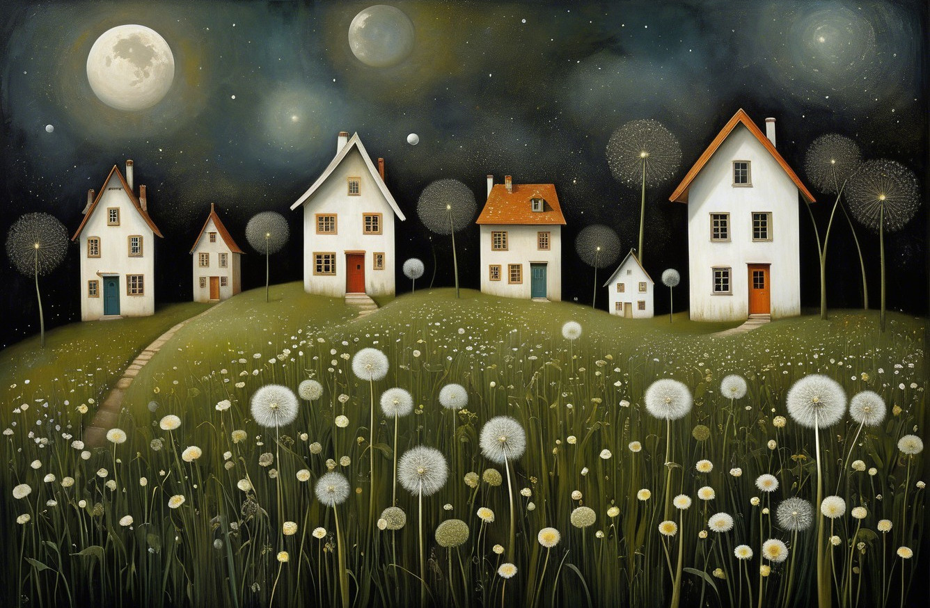 Whimsical Landscape with White Houses and Starry Sky