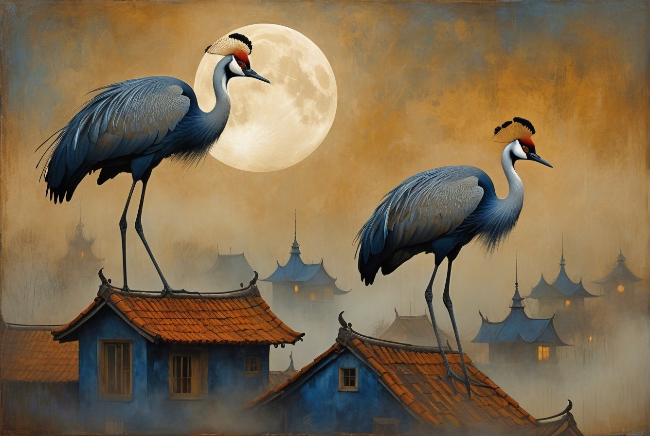 Cranes on Rooftops Under Moonlit Pagoda Landscape