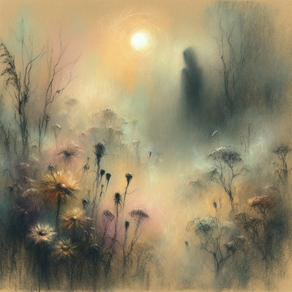 Dreamy Landscape with Mist and Delicate Flowers