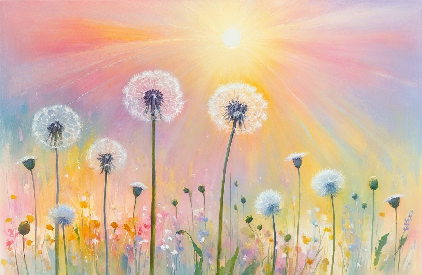 Vibrant Dreamy Landscape with Dandelions and Wildflowers