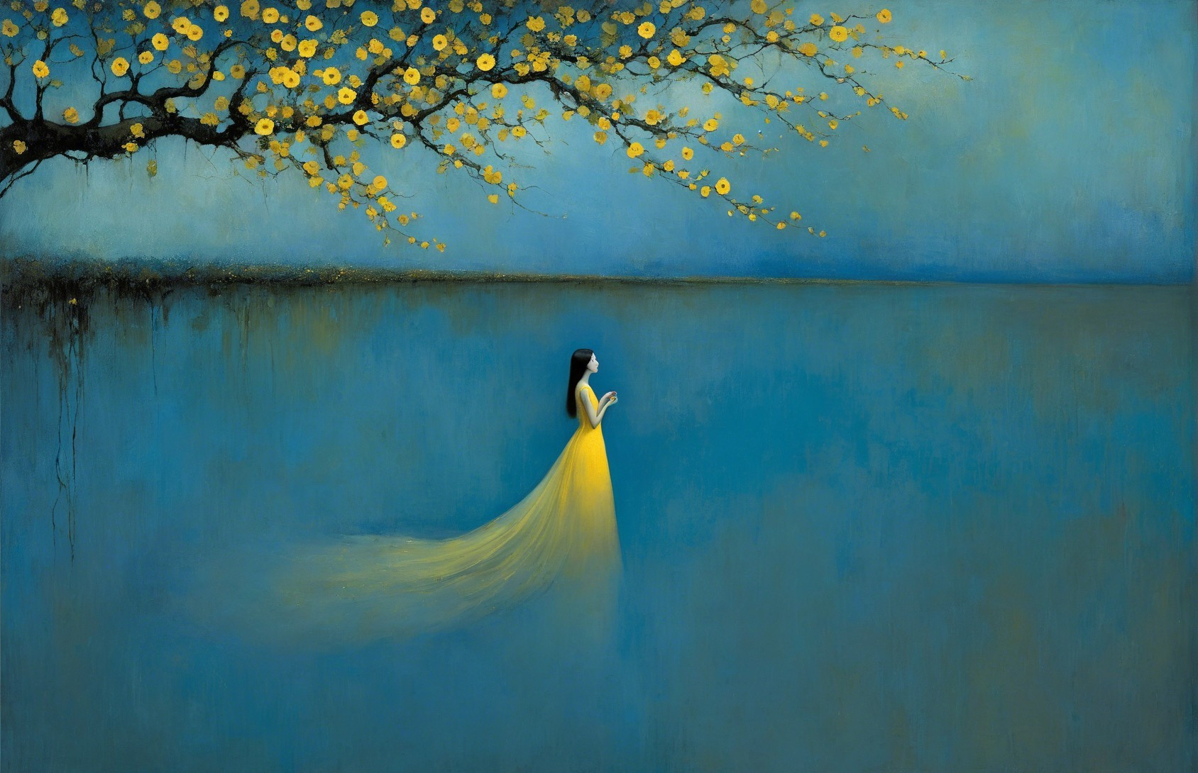 Woman in Yellow Dress by Calm Blue Waters