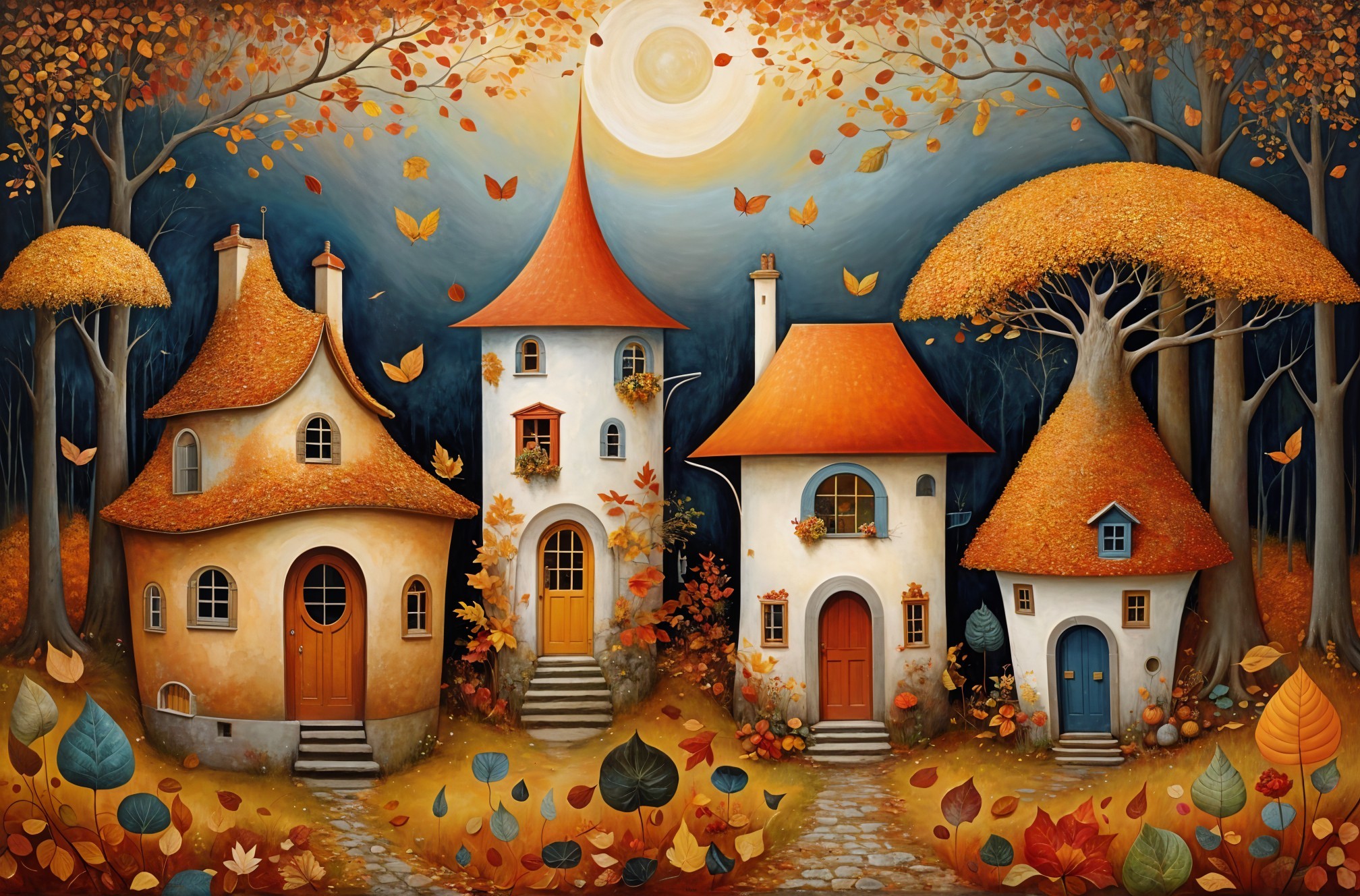 Whimsical Autumn Scene with Charming Houses and Moonlight
