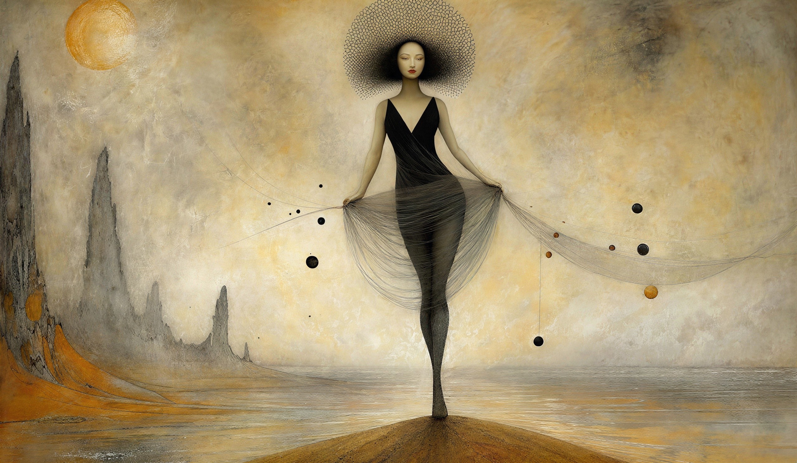 Ethereal Figure in Black on Dreamlike Sandy Landscape