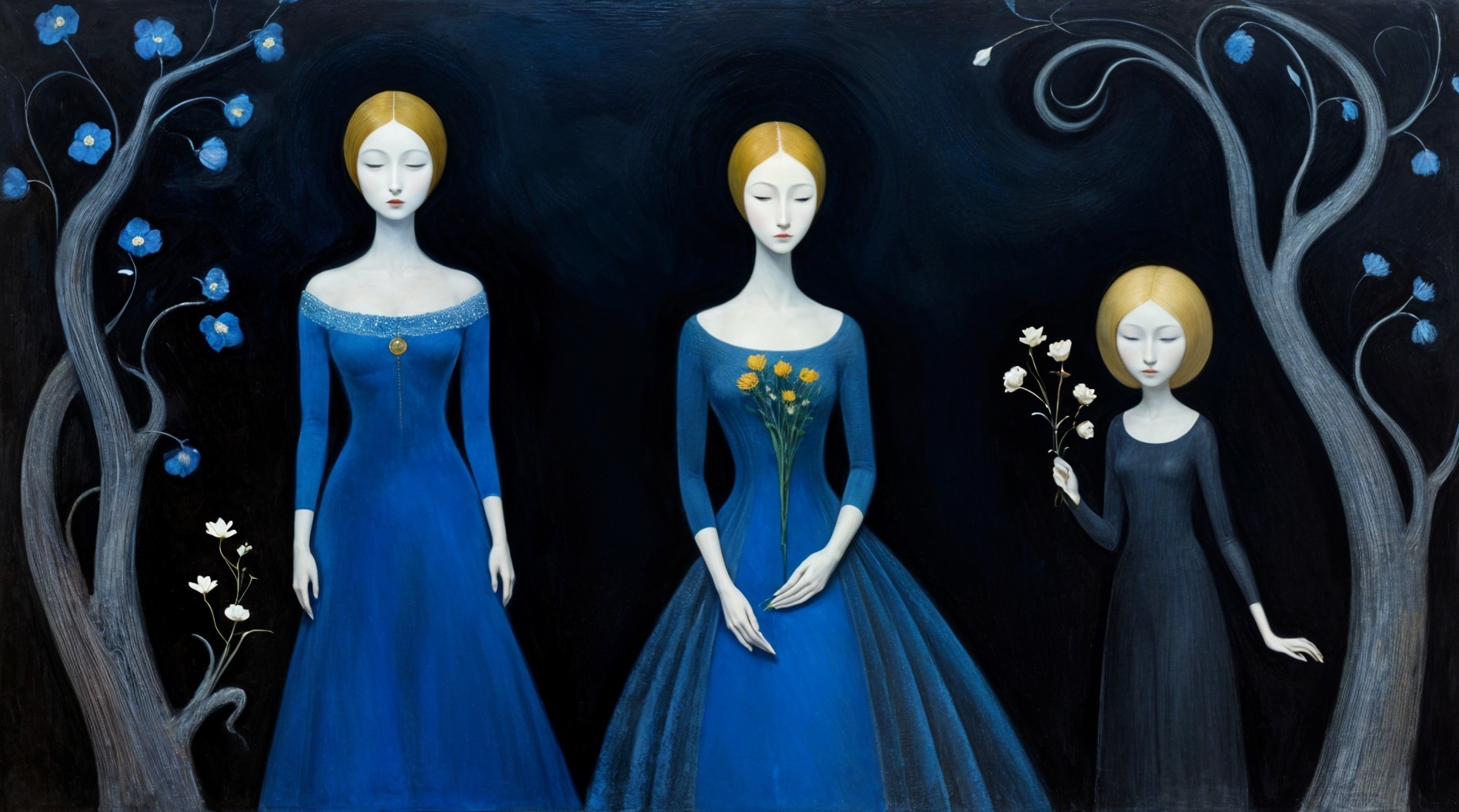 Elegant Figures in Vibrant Gowns with Floral Motifs