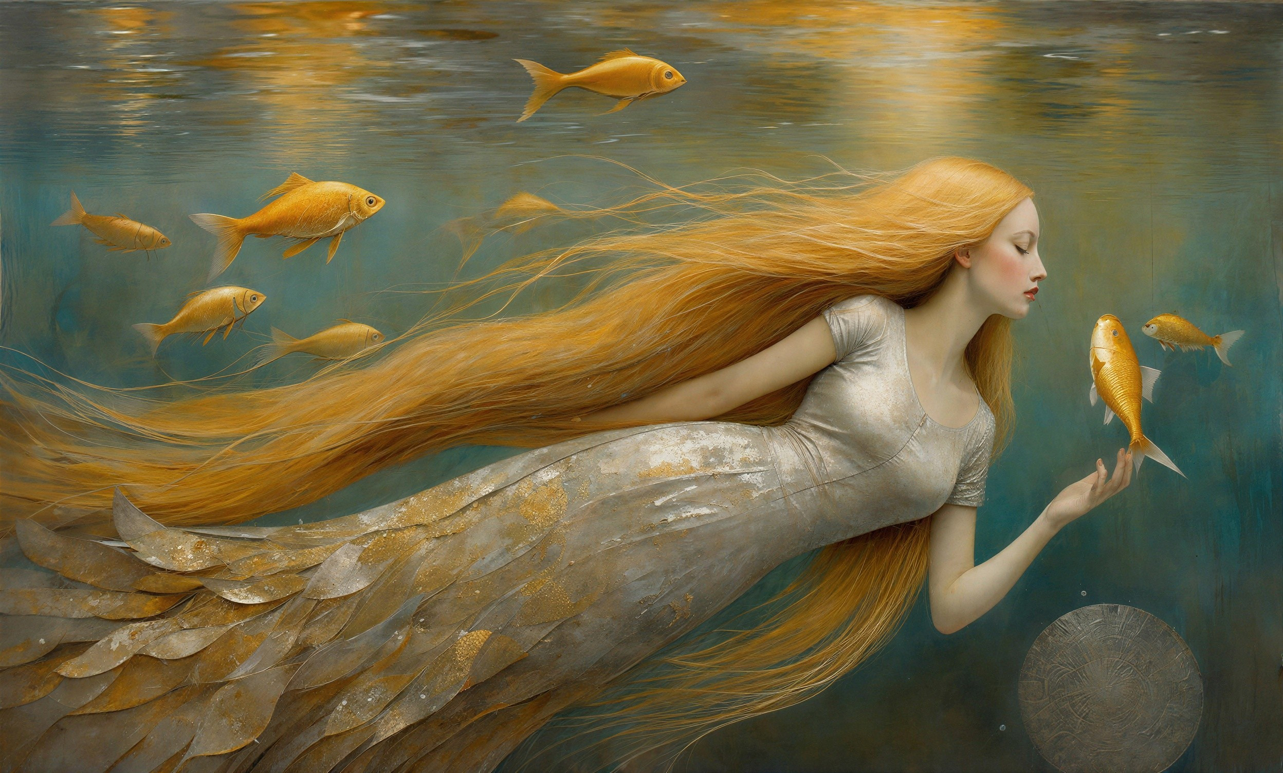 Ethereal Woman with Goldfish in Tranquil Water