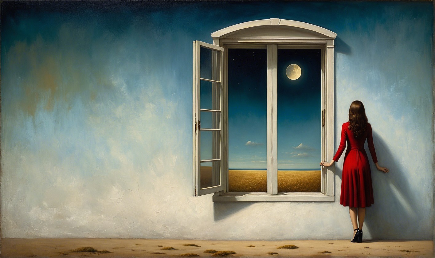 Woman in Red Dress by Moonlit Window with Landscape